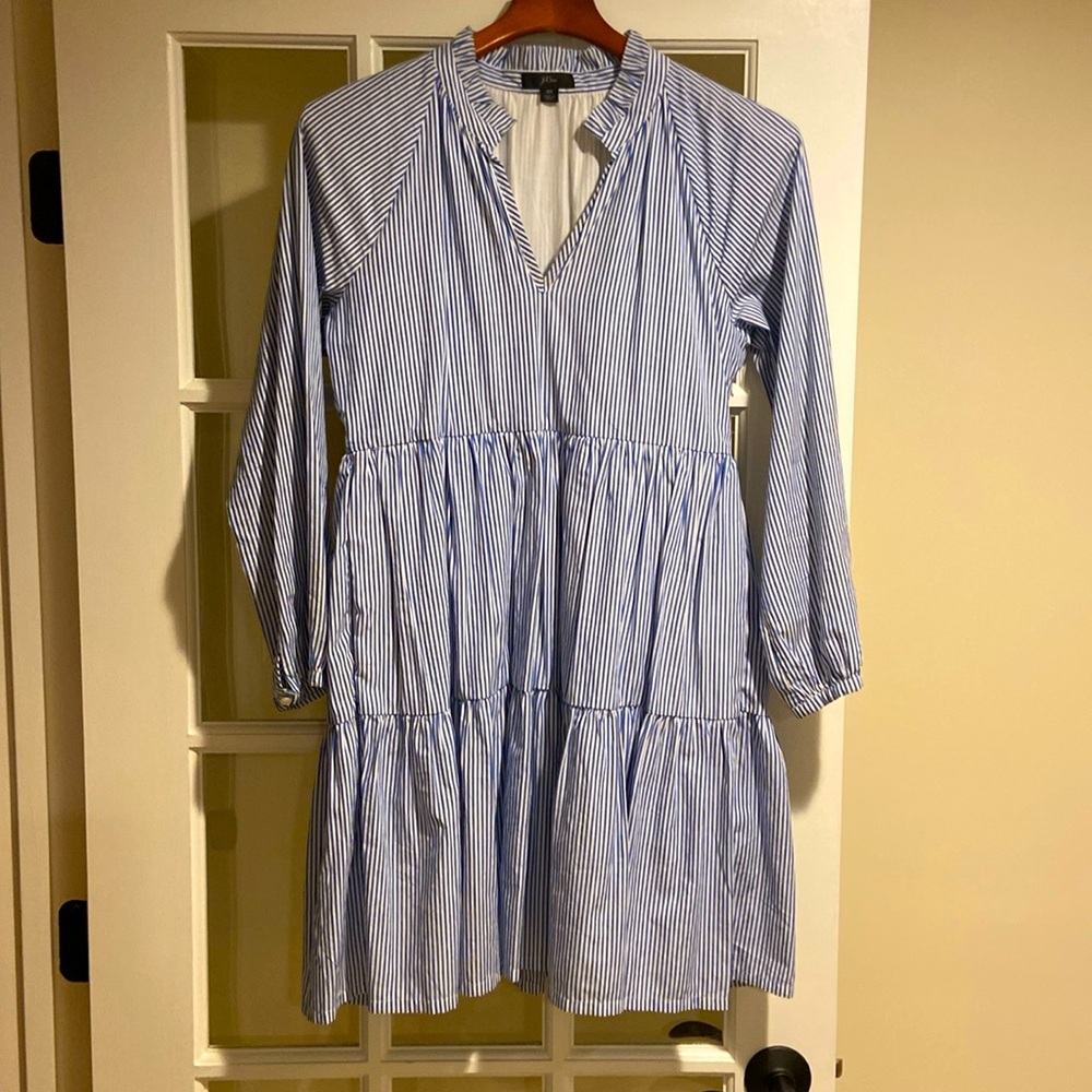 JCrew tiered navy blue pinstripe dress